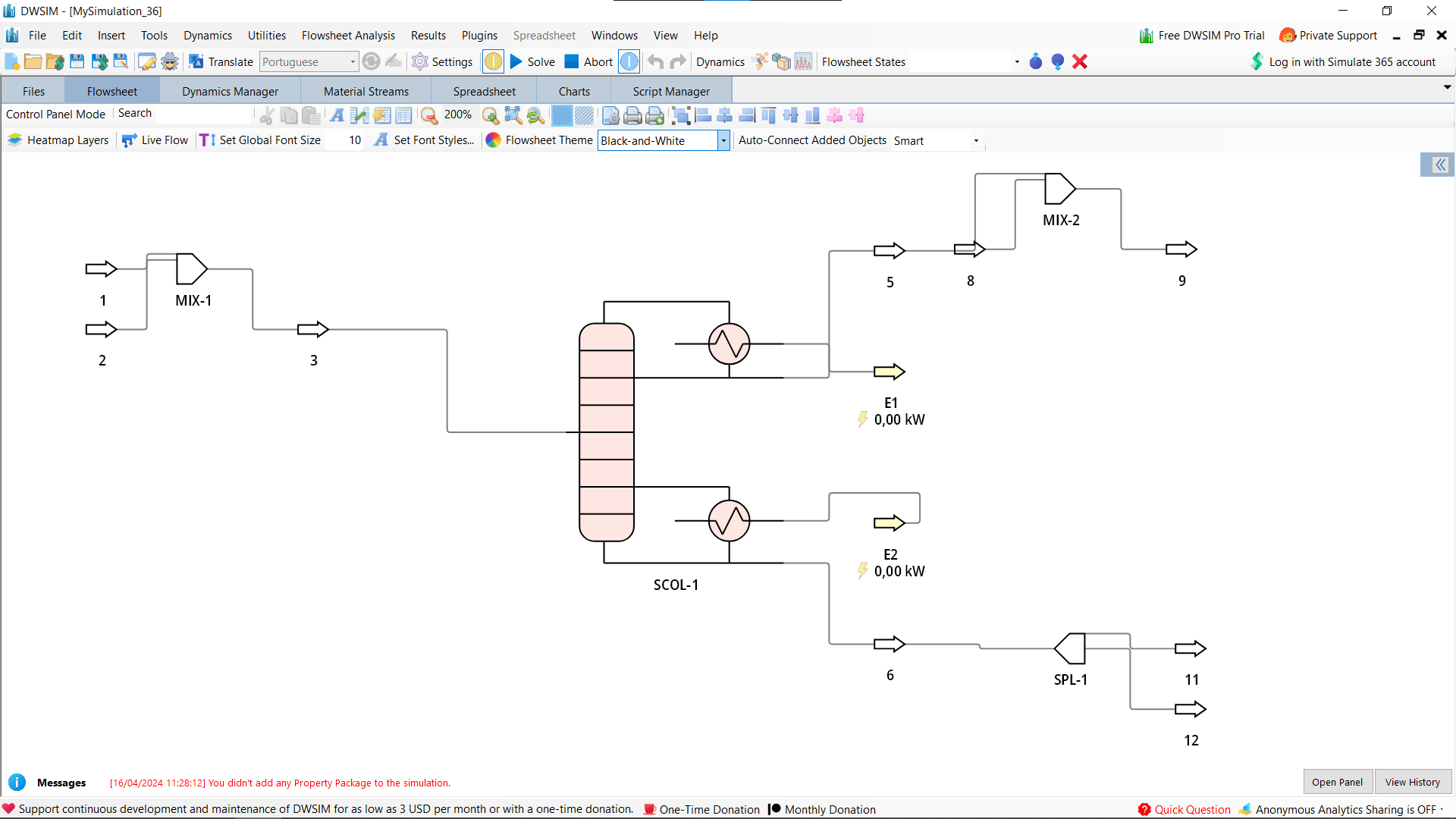 Captura da tela do simulador DWSIM